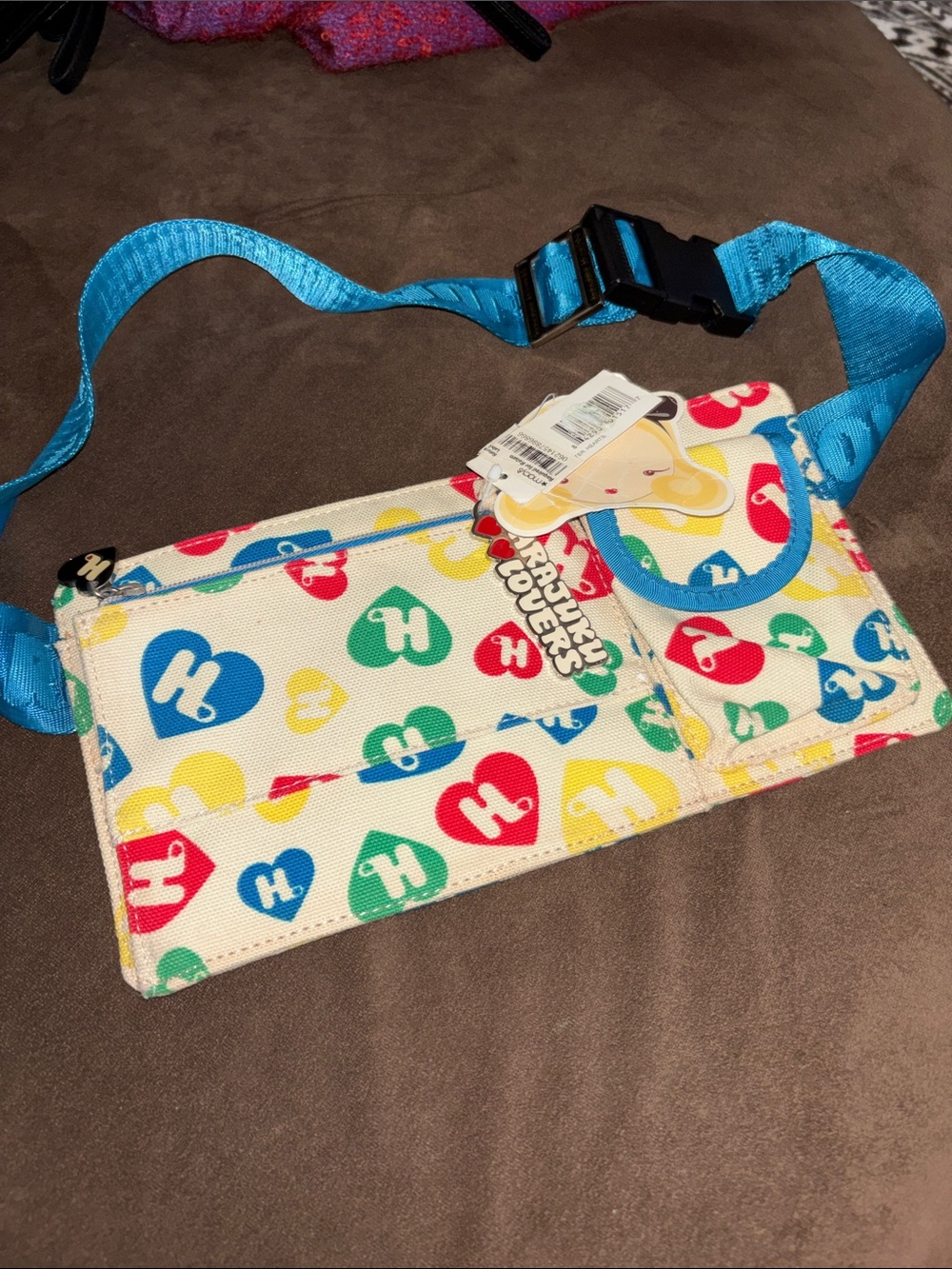 Rare Harajuku Lovers Multicolor Heart Print Waist Bag with Bright Blue Strap